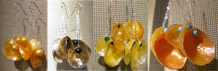 Figure 5: Jingle ear rings with yellow pearls, with hematite, with green onyx and with turquoise beads (from left to right).