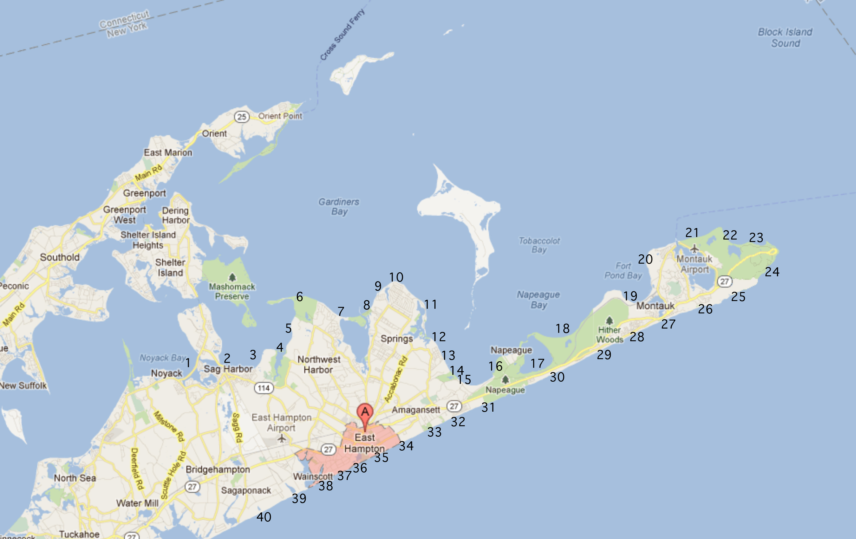 Map of all 40 beaches of East Hampton