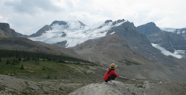 Japanese tourist taking in the view. Mt. Athabasca in the background.